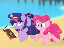 Size: 1440x1080 | Tagged: safe, artist:rainbow eevee edits, artist:徐詩珮, imported from derpibooru, pinkie pie, twilight sparkle, alicorn, earth pony, pony, series:sprglitemplight diary, series:sprglitemplight life jacket days, series:springshadowdrops diary, series:springshadowdrops life jacket days, alternate universe, clothes, cute, female, mare, paw patrol, twilight is not amused, twilight sparkle (alicorn), twilight sparkle is not amused, unamused