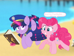 Size: 1440x1080 | Tagged: safe, artist:rainbow eevee edits, artist:徐詩珮, imported from derpibooru, pinkie pie, twilight sparkle, alicorn, earth pony, pony, series:sprglitemplight diary, series:sprglitemplight life jacket days, series:springshadowdrops diary, series:springshadowdrops life jacket days, alternate universe, clothes, cute, dialogue, female, mare, paw patrol, twilight is not amused, twilight sparkle (alicorn), twilight sparkle is not amused, unamused