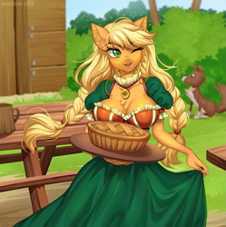 Size: 1197x1200 | Tagged: safe, artist:margony, imported from derpibooru, applejack, winona, anthro, dog, earth pony, adorasexy, alternate hairstyle, beautiful, beautisexy, blurred background, blurry background, braid, braided pigtails, breasts, busty applejack, chest fluff, cleavage, cleavage fluff, clothes, colored pupils, cottagecore, cute, dress, ear fluff, female, food, jackabetes, jewelry, mare, necklace, one eye closed, open mouth, pie, sexy, twin braids, wink