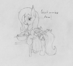 Size: 2724x2460 | Tagged: safe, artist:wapamario63, imported from derpibooru, fluttershy, pegasus, pony, apron, clothes, dialogue, female, flutterwife, housewife, mare, monochrome, offscreen character, traditional art