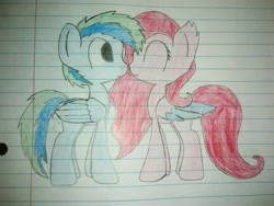 Size: 2592x1944 | Tagged: safe, artist:flame starkly, imported from derpibooru, oc, oc only, oc:airy wu, oc:molly d, pegasus, pony, boop, colored wings, colored wingtips, lined paper, noseboop, race swap, traditional art