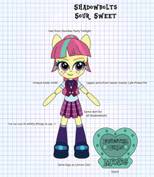 Size: 2434x2797 | Tagged: safe, artist:darkhooves, derpibooru exclusive, imported from derpibooru, sour sweet, equestria girls, clothes, concept, crystal prep academy uniform, crystal prep shadowbolts, cute, darkhooves wastes our time, digital art, doll, equestria girls minis, female, freckles, graph paper, merchandise, mockup, pleated skirt, ponytail, ribbon, school uniform, shoes, skirt, smiling, socks, solo, sourbetes, stand, toy