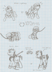 Size: 799x1112 | Tagged: safe, artist:ravenpuff, imported from derpibooru, oc, oc only, oc:white lightning, earth pony, pegasus, pony, fallout equestria, bag, card, collar, earth pony oc, female, frog (hoof), gag, graph paper, grayscale, horseshoes, leash, looking back, male, mare, monochrome, pegasus oc, presenting, raised hoof, rope gag, saddle bag, speech, stallion, traditional art, underhoof, wings