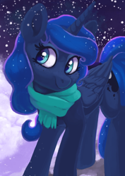 Size: 3508x4960 | Tagged: safe, artist:pucksterv, imported from derpibooru, princess luna, alicorn, pony, absurd resolution, cheek fluff, clothes, cute, female, freckles, lunabetes, mare, scarf, smiling, snow, snowfall, solo