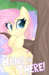 Size: 1280x1978 | Tagged: safe, artist:lbrcloud, artist:littleblackraencloud, imported from derpibooru, fluttershy, pegasus, pony, cheek fluff, cute, ear fluff, female, hang in there, hanging, mare, shyabetes, solo, tree, tree branch