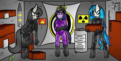Size: 1024x520 | Tagged: safe, artist:skyspeardraw, imported from derpibooru, dj pon-3, octavia melody, twilight sparkle, vinyl scratch, anthro, unguligrade anthro, unicorn, biohazard sign, box, camouflage, clothes, crossed arms, gloves, grin, latex, latex boots, latex gloves, latex suit, mind control, missile, radioactive, smiling, unicorn twilight