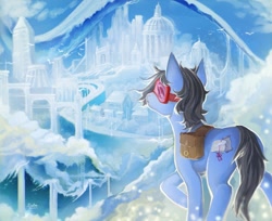 Size: 1920x1566 | Tagged: safe, artist:elzafox, imported from derpibooru, oc, oc only, oc:sight seer, bird, earth pony, pony, bag, cloud, cloudsdale, goggles, male, saddle bag, scenery, signature, sky, solo, stallion