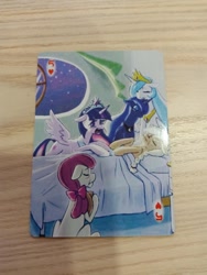 Size: 1200x1600 | Tagged: safe, imported from derpibooru, apple bloom, applejack, princess celestia, princess luna, twilight sparkle, alicorn, earth pony, pony, bed, bootleg, deathbed, dying, female, immortality blues, mare, playing card, stolen art, twilight sparkle (alicorn), twilight will outlive her friends