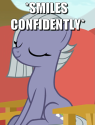 Size: 613x808 | Tagged: safe, edit, edited screencap, imported from derpibooru, screencap, limestone pie, pony, rock solid friendship, caption, confident, cropped, eyes closed, female, image macro, meme, smiling, solo, text, when she smiles