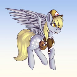 Size: 1024x1024 | Tagged: safe, artist:lunagalaxy2003, imported from derpibooru, derpy hooves, pegasus, pony, female, flying, mailbag, mailmare, mailmare uniform, mare, sky, solo