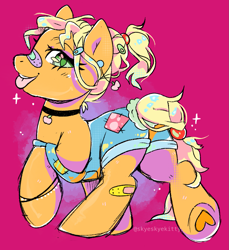 Size: 1201x1309 | Tagged: safe, artist:skyeskyekitty, imported from derpibooru, applejack, earth pony, pony, 80s, bandaid, bandaid on nose, braid, cheap, choker, commission, female, hairclip, mare, pink background, simple background