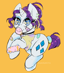 Size: 1328x1500 | Tagged: safe, artist:skyeskyekitty, imported from derpibooru, rarity, pony, unicorn, 80s, bandaid, cheap, choker, commission, ear piercing, earring, female, food, gum, hairband, jewelry, mare, piercing, simple background, yellow background