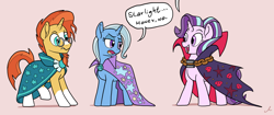 Size: 7600x3184 | Tagged: safe, artist:docwario, edit, imported from derpibooru, starlight glimmer, sunburst, trixie, earth pony, pony, unicorn, cape, chains, chat bubble, clothes, cropped, dialogue, female, glasses, horn, male, mare, obliviously evil, open mouth, raised hoof, raised leg, robe, simple background, smiling, speech bubble, stallion, sunburst's cloak, sunburst's glasses, sunburst's robe, trixie's cape, wrong eye color