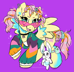 Size: 1413x1384 | Tagged: safe, artist:skyeskyekitty, imported from derpibooru, angel bunny, fluttershy, butterfly, pegasus, pony, 80s, angel, barrette, cheap, choker, commission, ear piercing, earring, female, glasses, jewelry, mare, piercing, ponytail, purple background, scrunchie, simple background, windbreaker, yellow