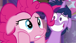 Size: 1920x1080 | Tagged: safe, imported from derpibooru, screencap, pinkie pie, twilight sparkle, alicorn, a trivial pursuit, floppy ears, messy mane, twilight snapple, twilight sparkle (alicorn)