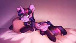 Size: 2846x1606 | Tagged: safe, artist:sugarstar, imported from derpibooru, twilight sparkle, alicorn, pony, descended twilight, adorasexy, bed, blushing, cheek fluff, chest fluff, clothes, collar, cute, female, folded wings, horn, hug, looking at you, lying down, mare, panties, pillow, pillow hug, rcf community, sexy, shirt, smiling, socks, solo, twiabetes, twilight sparkle (alicorn), underwear, wings