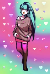 Size: 2000x2900 | Tagged: safe, artist:rileyav, imported from derpibooru, sonata dusk, human, equestria girls, clothes, cute, female, happy, heart, high res, humanized, long hair, off shoulder, open mouth, solo, sonatabetes, stockings, sweater, thigh highs