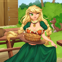 Size: 1197x1200 | Tagged: safe, artist:margony, edit, imported from derpibooru, applejack, winona, dog, human, alternate hairstyle, blurred background, blurry background, braid, braided pigtails, breasts, busty applejack, cleavage, clothes, colored pupils, cute, dress, female, food, humanized, jackabetes, jewelry, mare, necklace, one eye closed, open mouth, pie, twin braids, wink