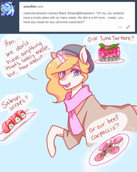 Size: 959x1200 | Tagged: safe, artist:missmaeko, imported from derpibooru, oc, oc:strawberry swirl, pony, unicorn, beret, clothes, female, food, gelatin, hat, magic, mare, meat, older, scarf, shirt, sushi, swirlycafe