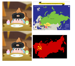 Size: 2408x2128 | Tagged: safe, artist:aleximusprime, artist:disneymarvel96, edit, imported from derpibooru, cozy glow, pony, communism, cookie, cozybetes, cupcake, cute, cutie, estonia, female, food, frown, lithuania, map, meme, politics, russia, smiling, solo, soviet union, table, ukraine