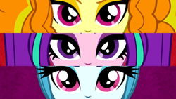 Size: 1920x1080 | Tagged: safe, edit, edited screencap, imported from derpibooru, screencap, adagio dazzle, aria blaze, sonata dusk, equestria girls, rainbow rocks, battle of the bands, close-up, eye, eyes, the dazzlings, wallpaper