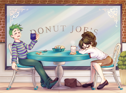 Size: 3400x2500 | Tagged: safe, artist:lucy-tan, imported from derpibooru, donut joe, raven, spike, dragon, human, unicorn, canterlot, coffee, commission, donut, duo, female, food, glasses, hair bun, humanized, male, older, older spike, ravenspike, secretary, shipping, sleeping, straight, tired