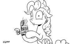 Size: 1200x675 | Tagged: safe, artist:pony-berserker, imported from derpibooru, pinkie pie, earth pony, pony, beef, black and white, can, can opener, female, food, grayscale, implied ponies eating meat, lineart, mare, meat, monochrome, pony-berserker's twitter sketches, rick and morty, signature, simple background, sitting, solo, style emulation, sweat, sweatdrop, white background