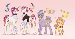 Size: 3713x1963 | Tagged: safe, artist:bunnari, imported from derpibooru, oc, oc:lemonade stand, oc:rhyme, oc:ribbon bow, oc:riddle, earth pony, pony, unicorn, bow, colt, female, high res, male, mare, offspring, parent:cheerilee, parent:flam, parent:flim, parent:suri polomare, parents:cheeriflam, parents:suriflim, stallion, tail bow