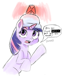 Size: 2117x2576 | Tagged: safe, artist:jomok0, imported from derpibooru, twilight sparkle, unicorn, alarm, bro you just posted cringe you're going to lose subscriber, dialogue, helmet, simple background, sketch, solo, speech bubble, unicorn twilight, white background, word balloon