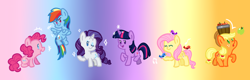 Size: 1102x353 | Tagged: safe, artist:doodledaydreamer-mlp, imported from derpibooru, applejack, fluttershy, pinkie pie, rainbow dash, rarity, twilight sparkle, bird, earth pony, pegasus, pony, unicorn, apple, chibi, cute, eyes closed, female, food, gradient background, mane six, mare, music notes, one eye closed, open mouth, unicorn twilight, wink