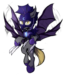 Size: 4100x4800 | Tagged: safe, artist:tatykin, imported from derpibooru, oc, oc only, oc:night striker, bat pony, pony, armor, bat pony oc, four wings, guard, hoof blades, hoof shoes, metal claws, multiple wings, palindrome get, simple background, solo, white background, wings