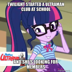 Size: 720x720 | Tagged: safe, edit, edited screencap, imported from derpibooru, screencap, sci-twi, twilight sparkle, equestria girls, caption, cropped, female, glasses, grammar error, image macro, meme, smiling, solo, text