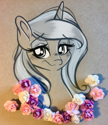 Size: 2506x2915 | Tagged: safe, artist:emberslament, imported from derpibooru, fleur-de-lis, pony, unicorn, blushing, colored pencil drawing, female, flower, mare, photo, simple background, traditional art