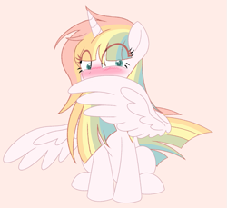 Size: 817x750 | Tagged: safe, artist:owlity, imported from derpibooru, oc, oc only, oc:sweet dreams, alicorn, pony, alicorn oc, blushing, horn, multicolored hair, rainbow, rainbow alicorn, rainbow hair, simple background, spread wings, wingboner, wings