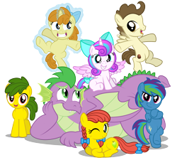 Size: 4900x4413 | Tagged: safe, artist:aleximusprime, imported from derpibooru, pound cake, princess flurry heart, pumpkin cake, spike, oc, oc:annie smith, oc:apple chip, oc:storm streak, alicorn, dragon, earth pony, pegasus, unicorn, flurry heart's story, adult, adult spike, alternate mane six, bipedal, bipedal leaning, bow, braided pigtails, chubby, colt, crossed hooves, cute, fat, fat spike, female, filly, filly flurry heart, floating, flurrybetes, flying, foalsitter, foalsitting, group, guardian, kids, laid back, leaning, levitation, lying down, magic, male, next generation, offspring, older, older flurry heart, older pound cake, older pumpkin cake, older spike, one eye closed, parent:applejack, parent:oc:thunderhead, parent:rainbow dash, parent:tex, parents:canon x oc, parents:texjack, pigtails, plump, prone, self-levitation, simple background, teenage spike, teenager, telekinesis, transparent background, vector, winged spike, wings, wink