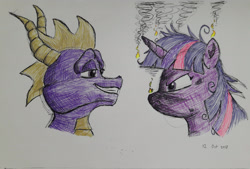 Size: 2978x2014 | Tagged: safe, artist:rockhoppr3, imported from derpibooru, twilight sparkle, dragon, pony, angry, burned, crossover, messy mane, smoke, smug, spyro the dragon, spyro the dragon (series), traditional art