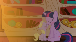 Size: 3840x2160 | Tagged: safe, artist:ruxify, imported from derpibooru, dinky hooves, twilight sparkle, pony, unicorn, fanfic:twilight sparkle my mentor and more, age difference, dinkysparkle, explicit source, fanfic, fanfic art, female, filly, golden oaks library, kiss on the lips, kissing, lesbian, mare, revision, romantic, shipping, show accurate, twilight is a foal fiddler, unicorn twilight