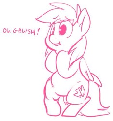 Size: 393x420 | Tagged: artist needed, source needed, safe, artist:lucas_gaxiola, imported from derpibooru, rainbow dash, pegasus, pony, bipedal, chubby, chubby dash, featureless crotch, female, lineart, monochrome, simple background, solo, speech, white background