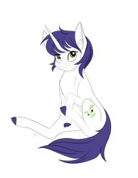 Size: 1920x2469 | Tagged: safe, artist:nyota71, imported from derpibooru, oc, oc only, oc:nightshade, pony, unicorn, belladonna, chest fluff, colored hooves, commission, ear fluff, eye clipping through hair, female, green eyes, long tail, mare, purple hair, short hair, simple background, smiling, solo, transparent background, white coat