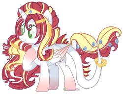 Size: 3576x2742 | Tagged: safe, artist:2pandita, imported from derpibooru, oc, oc only, alicorn, original species, pony, augmented tail, beads, colored wings, diamond, female, gradient legs, gradient wings, hair accessory, hair jewelry, jewelry, long mane, mare, simple background, solo, standing, striped mane, tail jewelry, tiara, transparent background, tricolor mane, wings