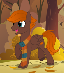 Size: 818x931 | Tagged: safe, artist:pgthehomicidalmaniac, imported from derpibooru, oc, oc only, oc:scarecrow fields, pegasus, pony, clothes, leaves, male, scarf, solo, stallion, tree