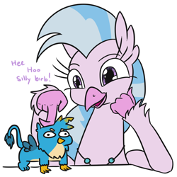 Size: 880x879 | Tagged: safe, artist:jargon scott, imported from derpibooru, gallus, silverstream, griffon, hippogriff, birb, dialogue, duo, female, male, simple background, size difference, squatgriffon, squatpony, white background, woonoggles