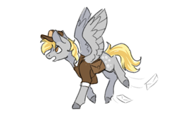 Size: 1280x853 | Tagged: safe, artist:flaming-trash-can, imported from derpibooru, derpy hooves, pegasus, pony, bag, clothes, female, letter, mailmare, mare, no pupils, profile, saddle bag, simple background, solo, white background