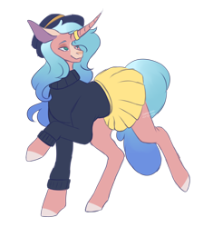 Size: 2726x2905 | Tagged: safe, artist:amcirken, imported from derpibooru, oc, oc only, oc:musical lorden, pony, unicorn, clothes, curved horn, cute, female, hat, high res, horn, mare, miniskirt, pleated skirt, simple background, skirt, solo, sweater, transparent background