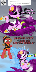 Size: 800x1602 | Tagged: safe, artist:thedragenda, artist:themovedragenda, imported from derpibooru, oc, oc only, oc:ace, oc:pun, earth pony, ask pun, ask, bipedal, female, hose, mare, mouth hold, pride, splatoon, water