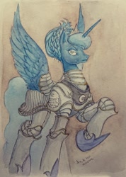 Size: 622x872 | Tagged: safe, artist:daisymane, imported from derpibooru, princess luna, alicorn, pony, armor, female, mare, raised hoof, solo, traditional art, warrior luna, watercolor painting