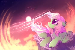 Size: 2449x1632 | Tagged: safe, artist:mirtash, imported from derpibooru, oc, oc only, oc:spectral wind, pegasus, pony, chest fluff, cloud, dawn, female, floppy ears, grass, looking up, mare, on side, side, sky, smiling, solo, ych result