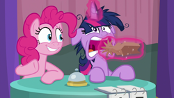 Size: 1920x1080 | Tagged: safe, imported from derpibooru, screencap, pinkie pie, twilight sparkle, alicorn, pony, a trivial pursuit, bell, floppy ears, inhaling, messy mane, paper bag, table, twilight sparkle (alicorn)