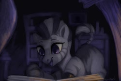 Size: 5400x3600 | Tagged: safe, artist:violettacamak, imported from derpibooru, zecora, pony, zebra, blank flank, book, bookshelf, cute, female, filly, filly zecora, happy, inspiration, open mouth, quadrupedal, reading, smiling, solo, sweet dreams fuel, younger, zecorable