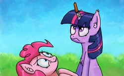 Size: 1280x782 | Tagged: safe, artist:wallparty, imported from derpibooru, pinkie pie, twilight sparkle, earth pony, pony, unicorn, blushing, chest fluff, corn, corndog, female, food, mare, pun, sausage, twilight is not amused, twilight sparkle is not amused, unamused, unicorn twilight, visual pun